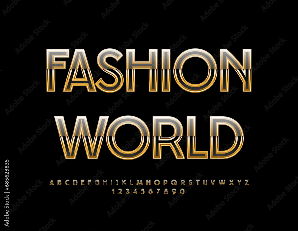 Vector trendy sign Fashion World. Stylish Black and Golden Font. Unique elegant Alphabet Letters and Numbers