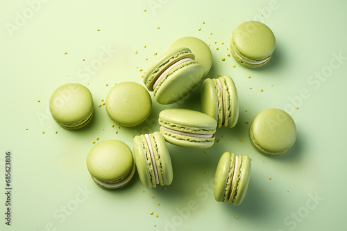 pistachio macarons on a green background