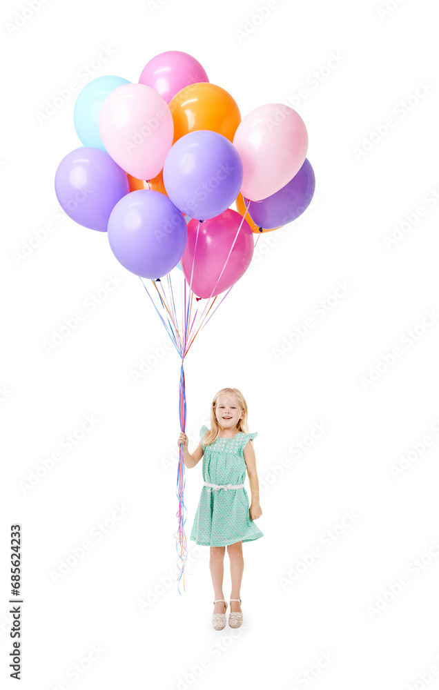 Obraz premium Portrait, happy kid or little girl with balloons for party, event or celebration with excitement on face. Youth, cute fashion and smile for inflatable object on isolated on transparent png background