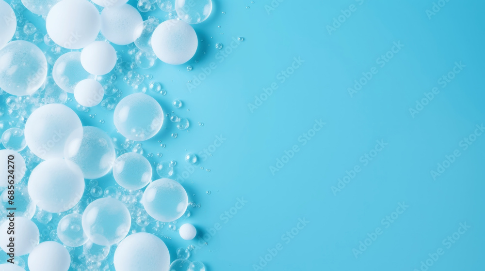 Detergent foam bubble on blue background. Soap, shower gel, shampoo foam texture. Copy space. Generative AI Detergent foam bubble on blue background. Soap, shower gel, shampoo foam texture. Copy space. Generative AI