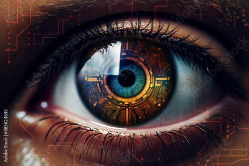 Gros plan d'un œil comme un radar ou une puce informatique, portrait futuriste de l'iris