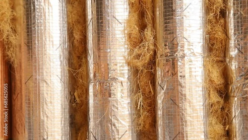 Closeup of Pipe line insultion with organic hemp wool and fibres