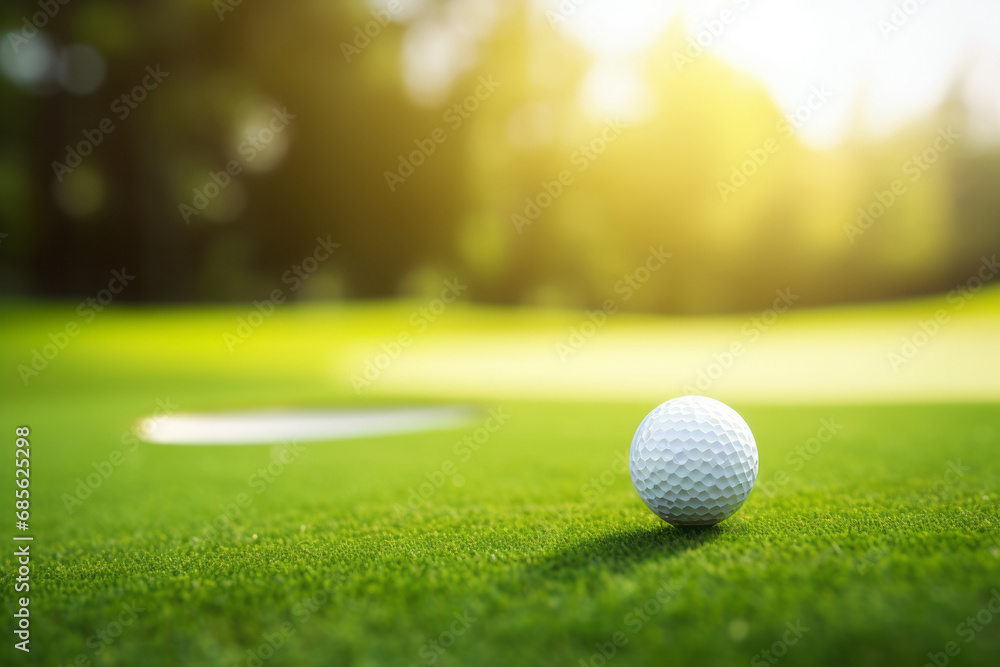 Close-up golf ball on tee with blur green bokeh background - obrazy, fototapety, plakaty 