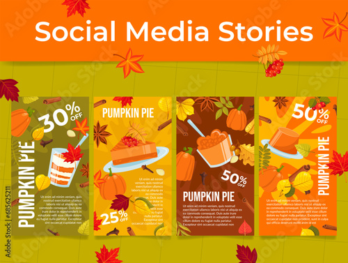 Dish of autumn Thanksgiving Day pumpkin pie sale discount social media stories set vector
