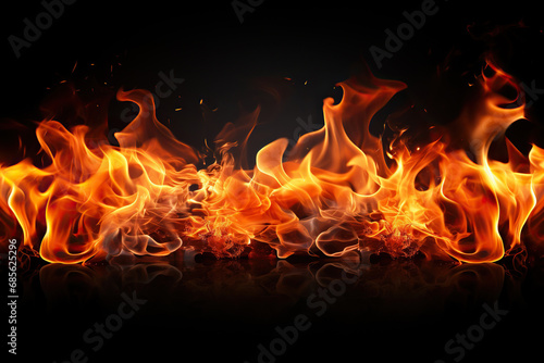 Fire flames on a black background. Generated by artificial intelligence