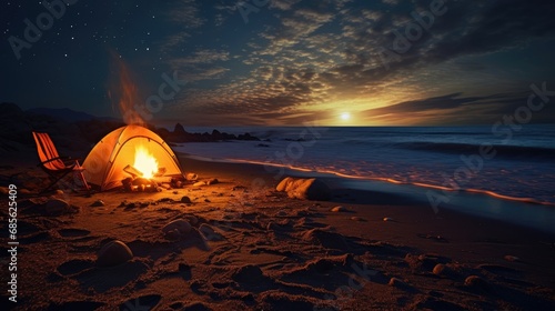 A tent pitched on a remote beach photo realistic illustration - Generative AI.