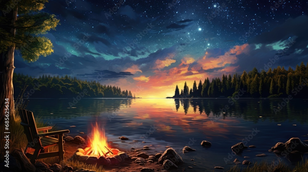 A tranquil lakeside campfire cartoon illustration - Generative AI.