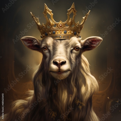A goat, regally adorned with a crown, exudes pride