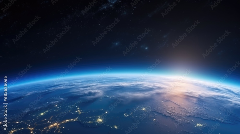 Surface of Earth planet in deep space. Outer dark space wallpaper. Night on planet with cities lights. View from orbit. Elements of this image furnished by NASA