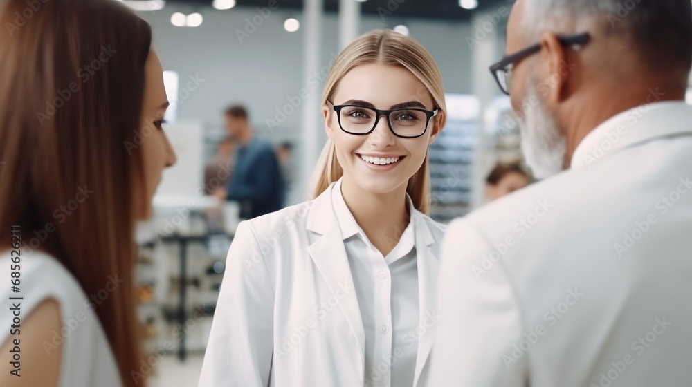 A female salesperson wearing glasses smiles looking at the camera A female salesperson wearing glasses smiles looking at the camera