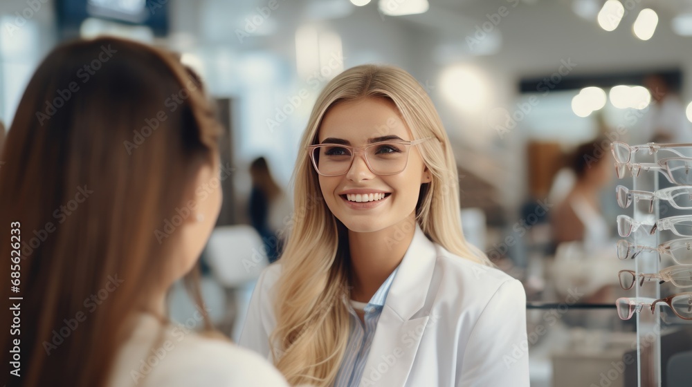 A female salesperson wearing glasses smiles looking at the camera A female salesperson wearing glasses smiles looking at the camera