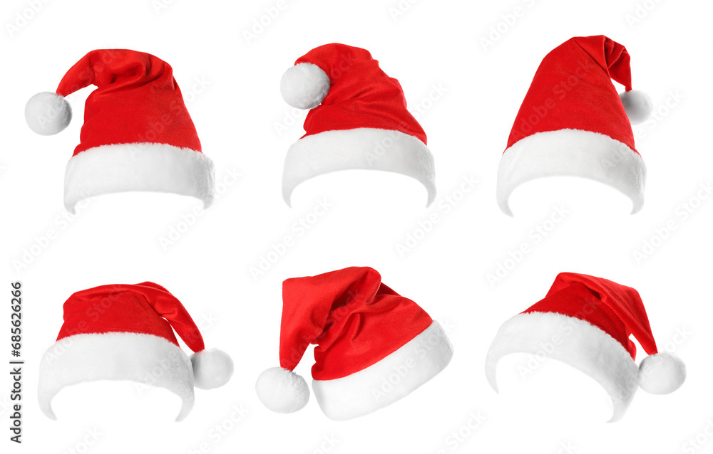 Red Santa Claus hat isolated on white, set Red Santa Claus hat isolated on white, set