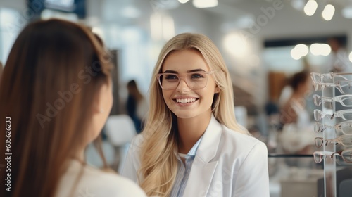 A female salesperson wearing glasses smiles looking at the camera