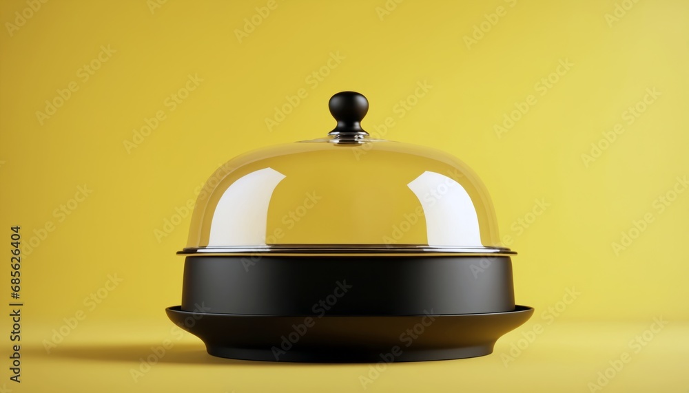 Fototapeta premium Black Dish with lid isolated on yellow, opened restaurant cloche, launch time promo banner concept. 3d rendering