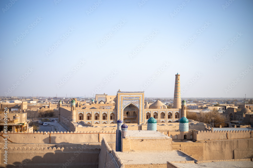 Fototapeta premium view of a historical buildings from a top, Khiva, the Khoresm agricultural oasis, Citadel.
