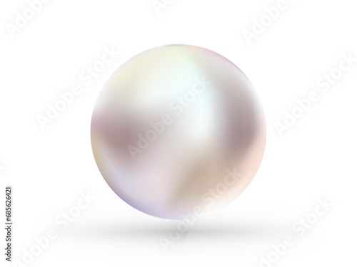 Spherical beautiful 3D pearl on white background. Round colored nacre formed within the shell of a pearl oyster, precious gem. Vector illustration. Beautiful 3D shiny natural White Pearl. 