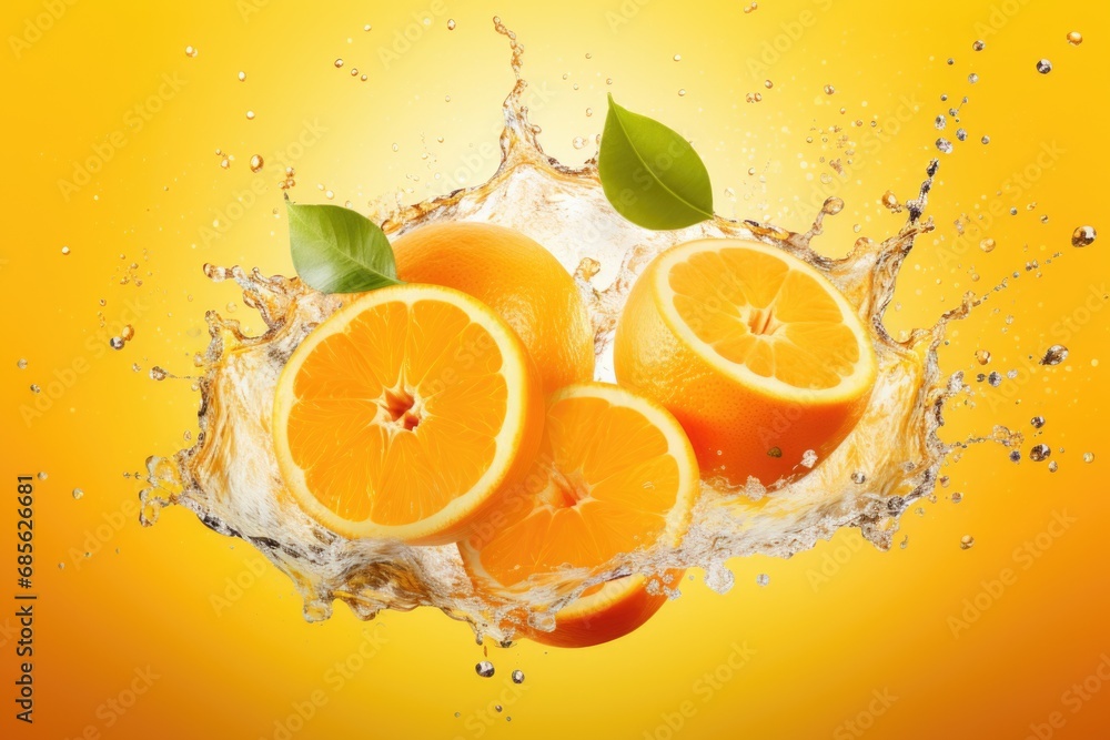 Orange juice splashing on Fresh Sliced oranges and Orange fruit isolated over Orange background Orange juice splashing on Fresh Sliced oranges and Orange fruit isolated over Orange background