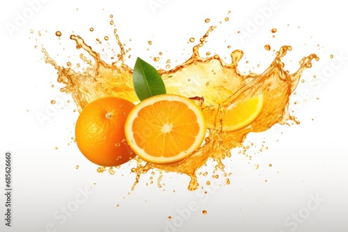 Orange juice splashing on Fresh Sliced oranges and Orange fruit isolated over Orange background
