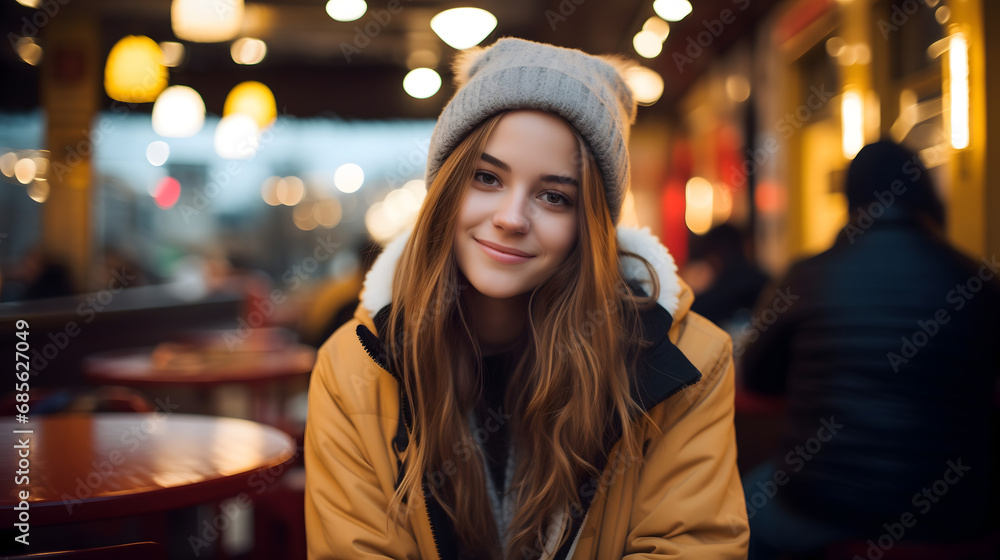 Young Woman Wearing Winter Hat Smiling in Cafe Warm Atmosphere
