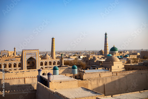 view of a historical buildings from a top, Khiva, the Khoresm agricultural oasis, Citadel.