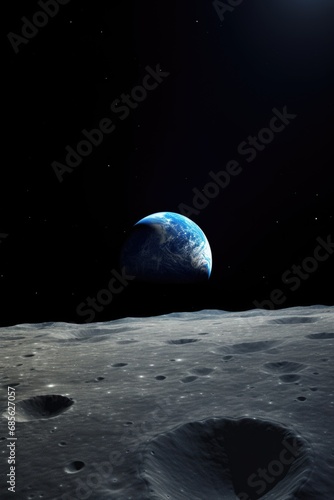 View of Moon limb with Earth rising on the horizon. Footprints as an evidence of people being there or great forgery. Collage. Elements of this image furnished by NASA.