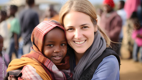 Volunteer Embracing Child in a Community Gathering