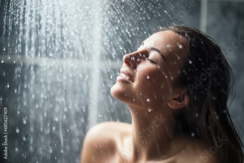 woman She takes a shower and washes her hair. in the black backgroundAsian woman She takes a shower and washes her hair. in the black background photo