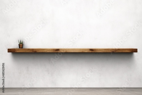 Wooden shelf over white concrete wall background. generative ai.