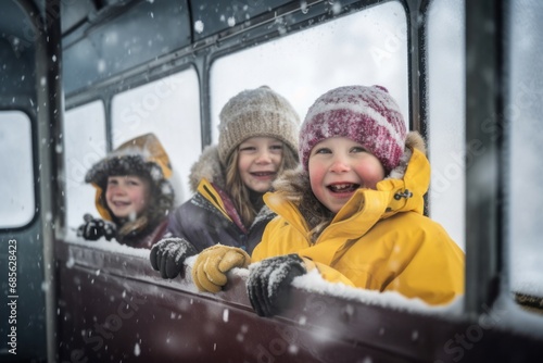 Excited children in school bus on snowy weather. Primary education pupils enjoys winter snow. Generate ai
