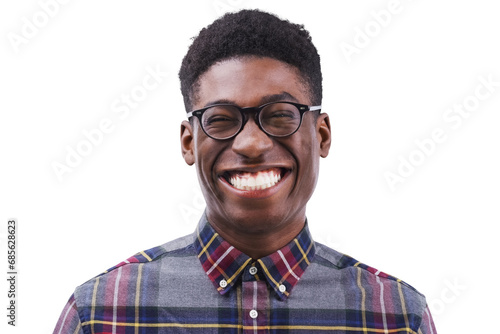 Portrait, black man and smile with laugh for funny, joke or humor with happiness. Male student, silly or goofy with comic expression on face with glasses on isolated or transparent png background