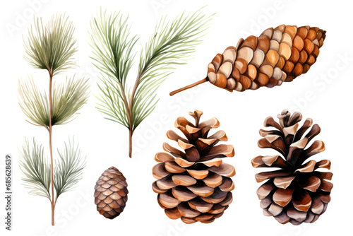 Watercolor pine cone and branches collection. Generative AI. photo