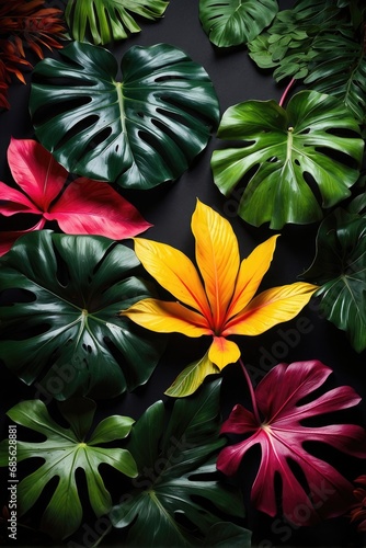 colorful tropical green leaves in a dark background