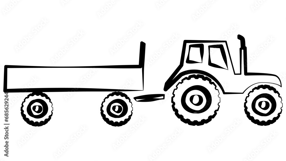 A set of agricultural machinery outline isolated on white background. Combine harvester and tractor with trailer. Clipart.