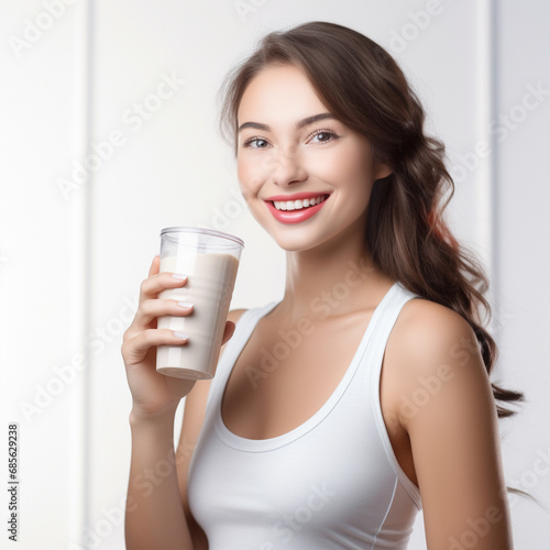 Beautiful young woman drinking protein shake on white background, ai technology