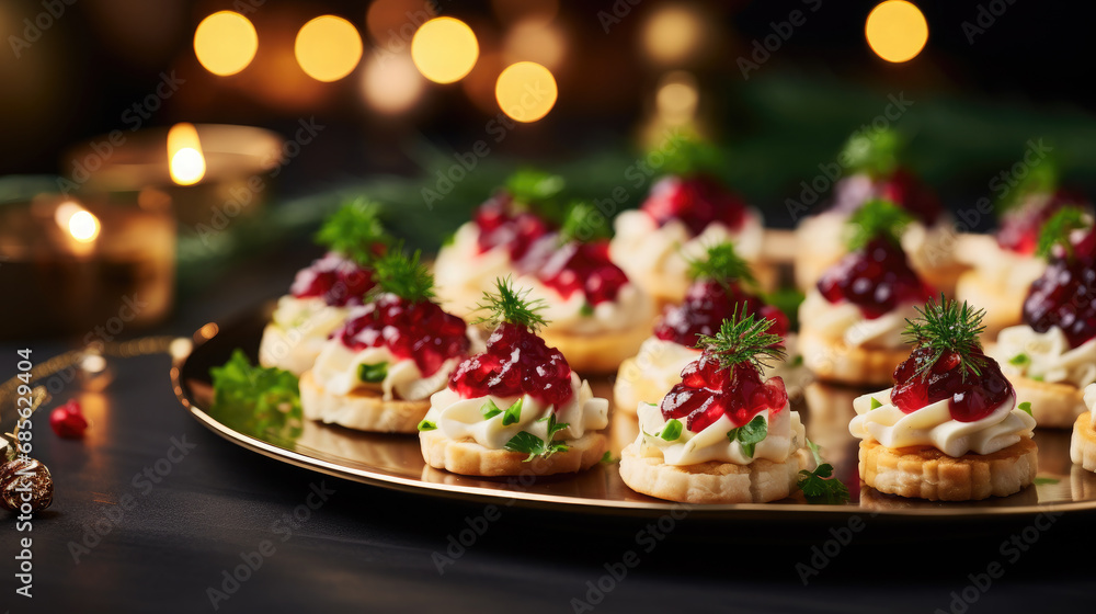 Obraz premium New Year's treat, Christmas, festive table, canapes, snacks, lunch, dinner, cooking, food, meal, delicious sandwiches, buffet table, holiday, restaurant, cafe, decoration