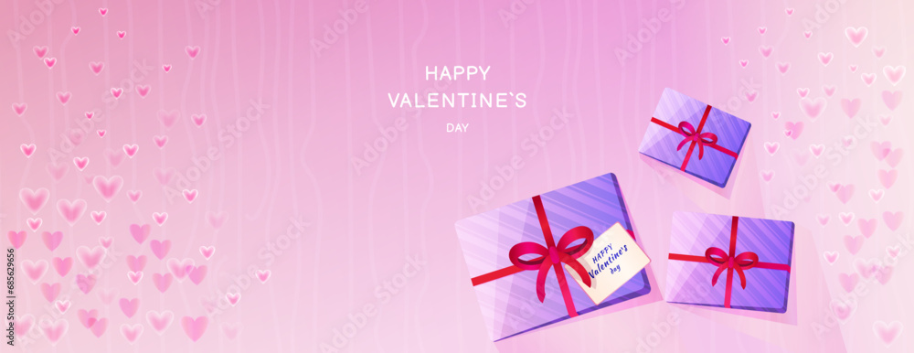 Bright banner happy Valentine’s day. Horizontal border with copy space. Vector illustration stylized shine, smooth, smoke hearts, cute gift box on the pink background. Suitable for email header, post Bright banner happy Valentine’s day. Horizontal border with copy space. Vector illustration stylized shine, smooth, smoke hearts, cute gift box on the pink background. Suitable for email header, post
