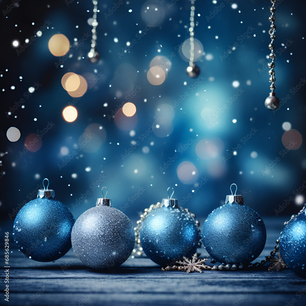 Illustrative Christmas background in blue with Christmas baubles Illustrative Christmas background in blue with Christmas baubles