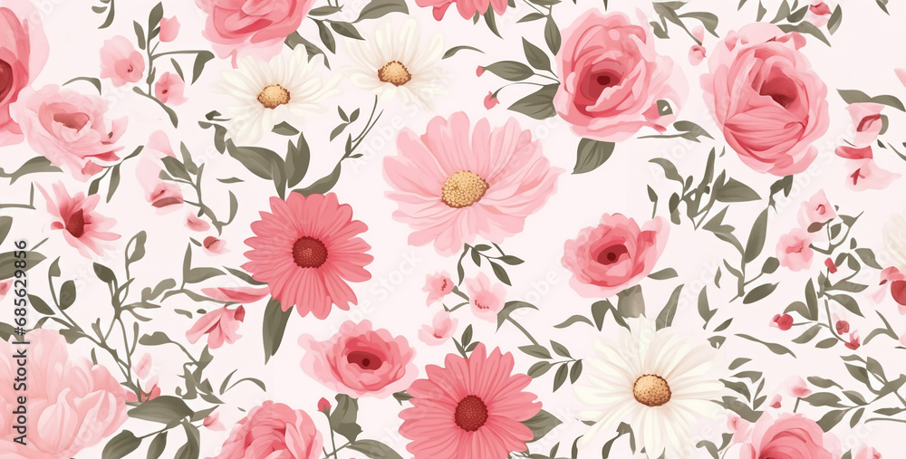 Rose and daisy pattern banner wallpaper simple background, seamless pattern with flowers, seamless floral pattern. Generative Ai content