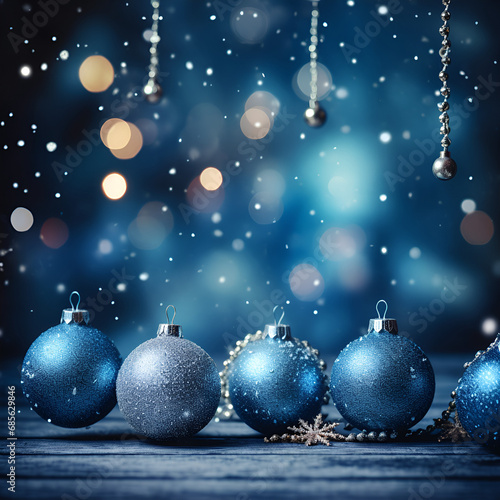 Illustrative Christmas background in blue with Christmas baubles