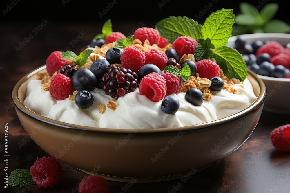 A bowl with natural yogurt, granola and fresh fruits and berries. Delicious and healthy breakfast. A bowl with natural yogurt, granola and fresh fruits and berries. Delicious and healthy breakfast.