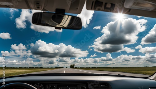 A windshield view from within a clean late-model sedan on a partly cloudy mid-day