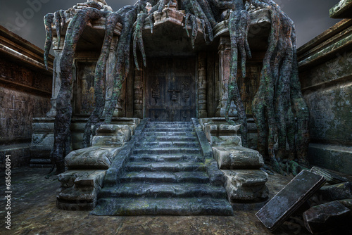 Fantasy ancient temple entrance with stone steps leading to a heavy wooden door. 3D illustration.