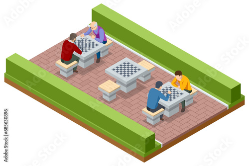 Isometric men's friends playing a chess game at the park. Logical tactical turn-based game, chess tournament, sports game, hobby and interests, highly intellectual occupation.