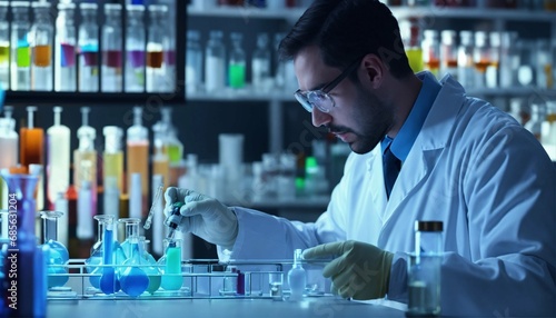 Man chemist working in a modern laboratory with flasks and colored liquids and reagent.