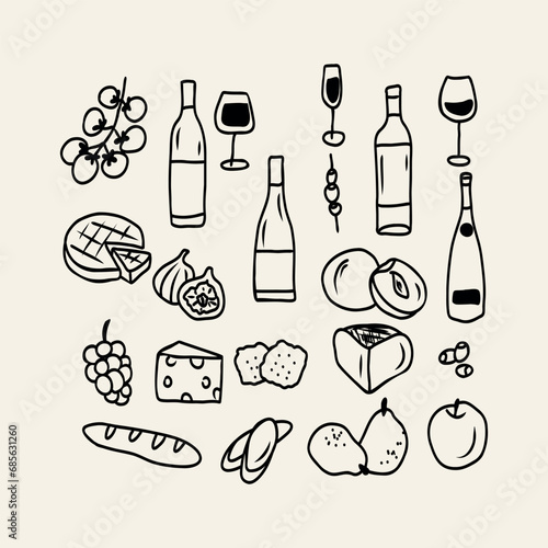 Doodle wine tasting elements collection