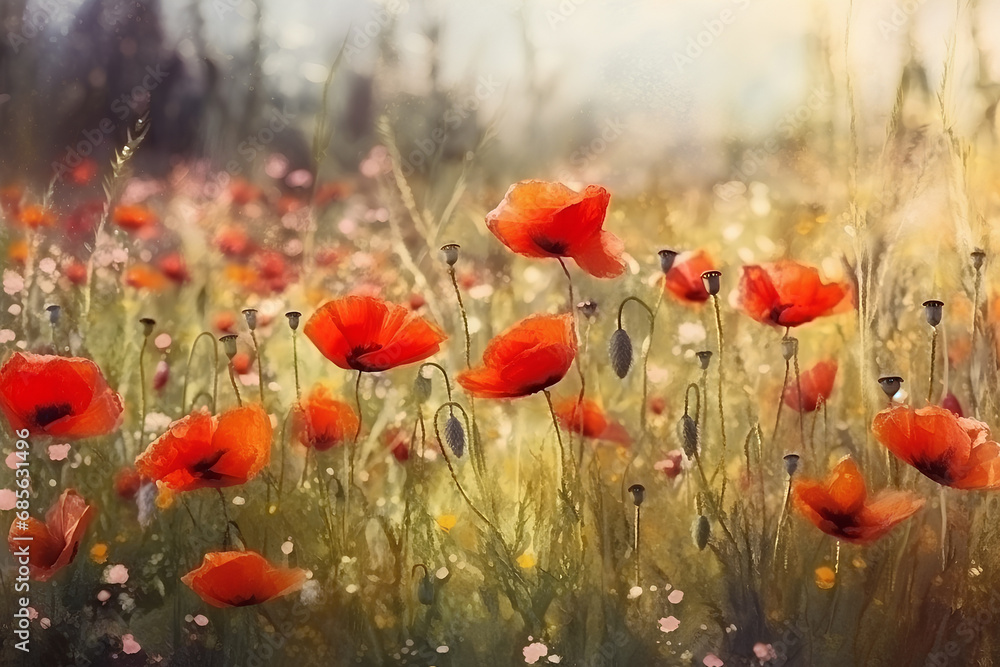 Fototapeta premium Red poppy flowers closeup on the summer meadow, watercolor painting.