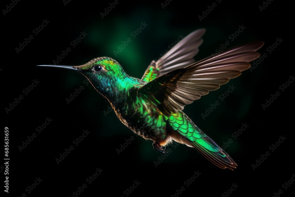 Fototapeta premium Glowing green hummingbird flying on black background. Radiant verdant tiny bird with open wings flight. Generate ai
