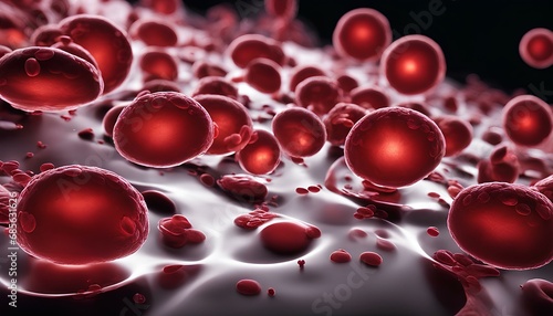 A dramatic macro shot shows various blood cells flowing together through a capillary under a microscope