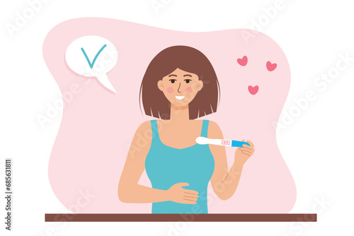 Happy woman holding pregnancy test with two Line Marks as Positive Result. You are pregnant, motherhood and parenting concept.