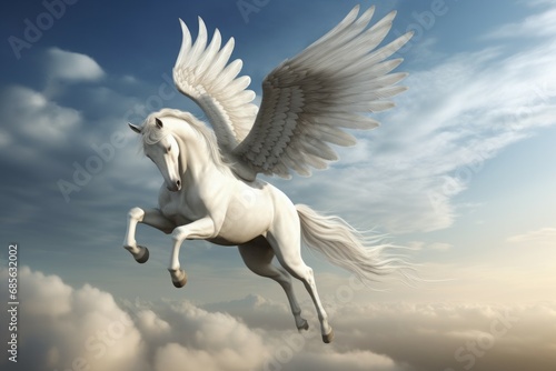 Graceful Pegasus horse. Fantasy mythology white horse flying in the sky. Generate ai